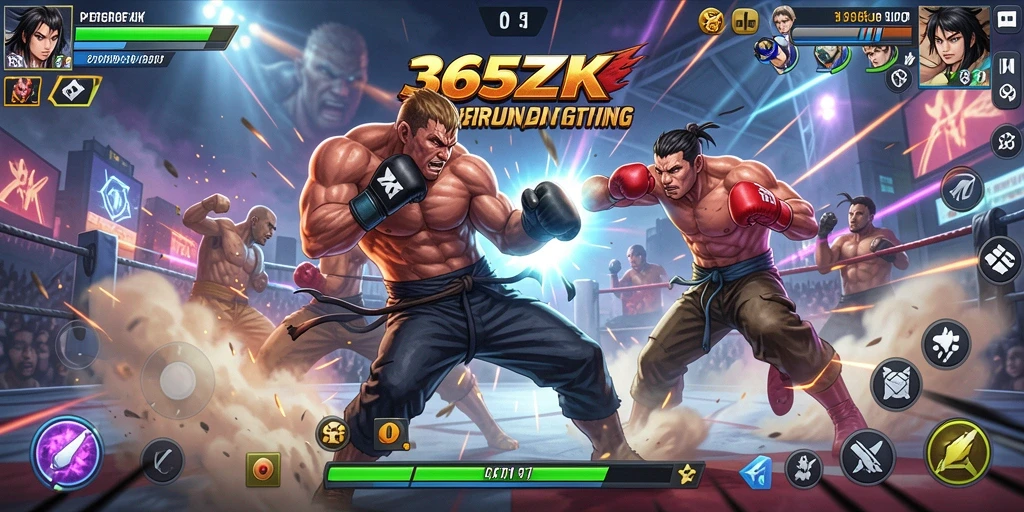 Screenshot 365ZK yang menampilkan pertarungan seru antara karakter di arena.