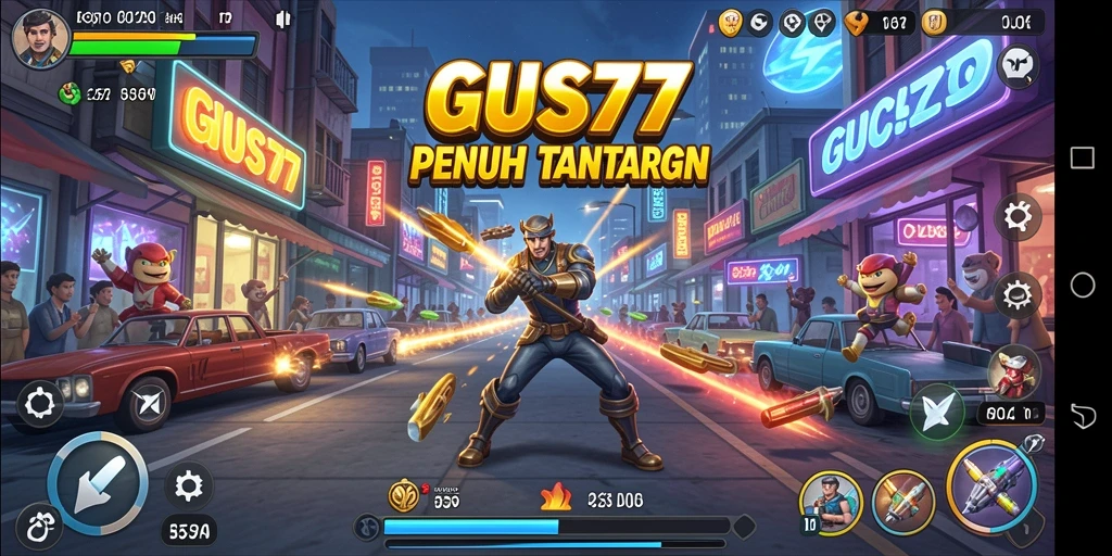 Tangkapan layar GUS77 menampilkan gameplay yang dinamis dan penuh warna.