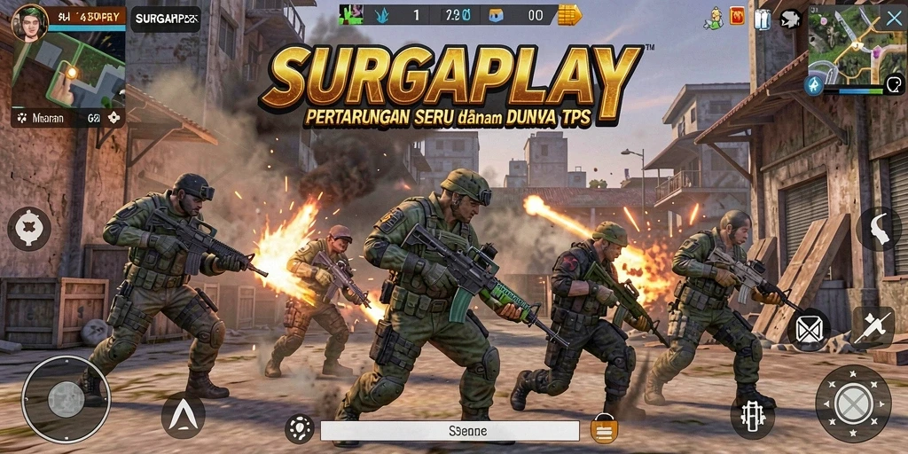 Screenshot utama menunjukkan aksi seru gameplay TPS.